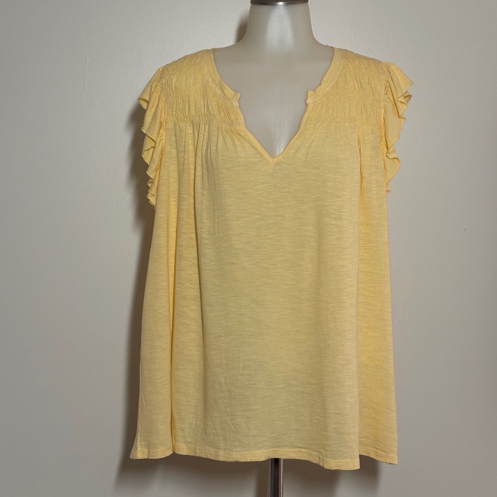 Wonderly Ruffle‎ Sleeve Blouse Womens XL Yellow New Smocked V-Neck Top soft Airy